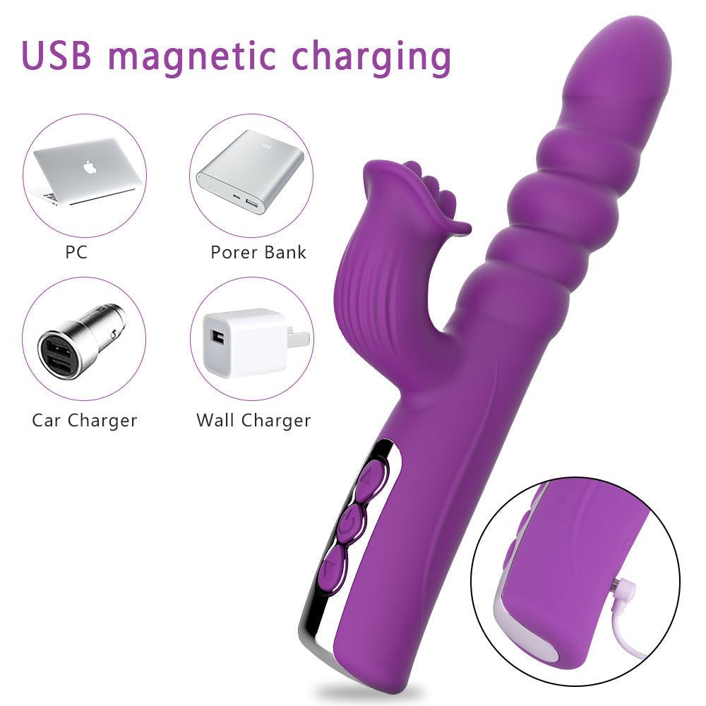 Female Telescopic Dildo Rabbit Vibrator Clit Stimulating G Spot Tongue Licking Vibrator Stretchable Vibrator