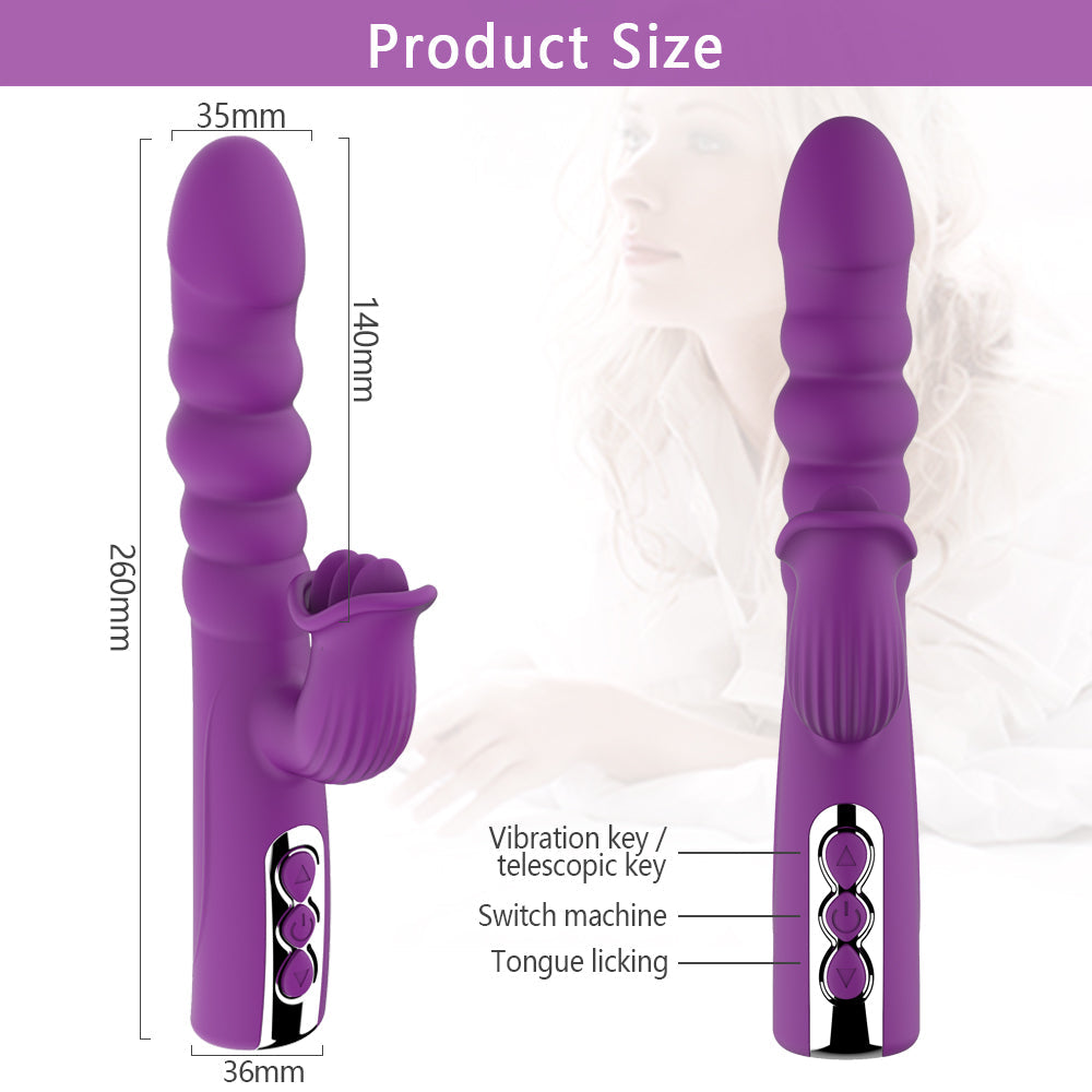 Female Telescopic Dildo Rabbit Vibrator Clit Stimulating G Spot Tongue Licking Vibrator Stretchable Vibrator