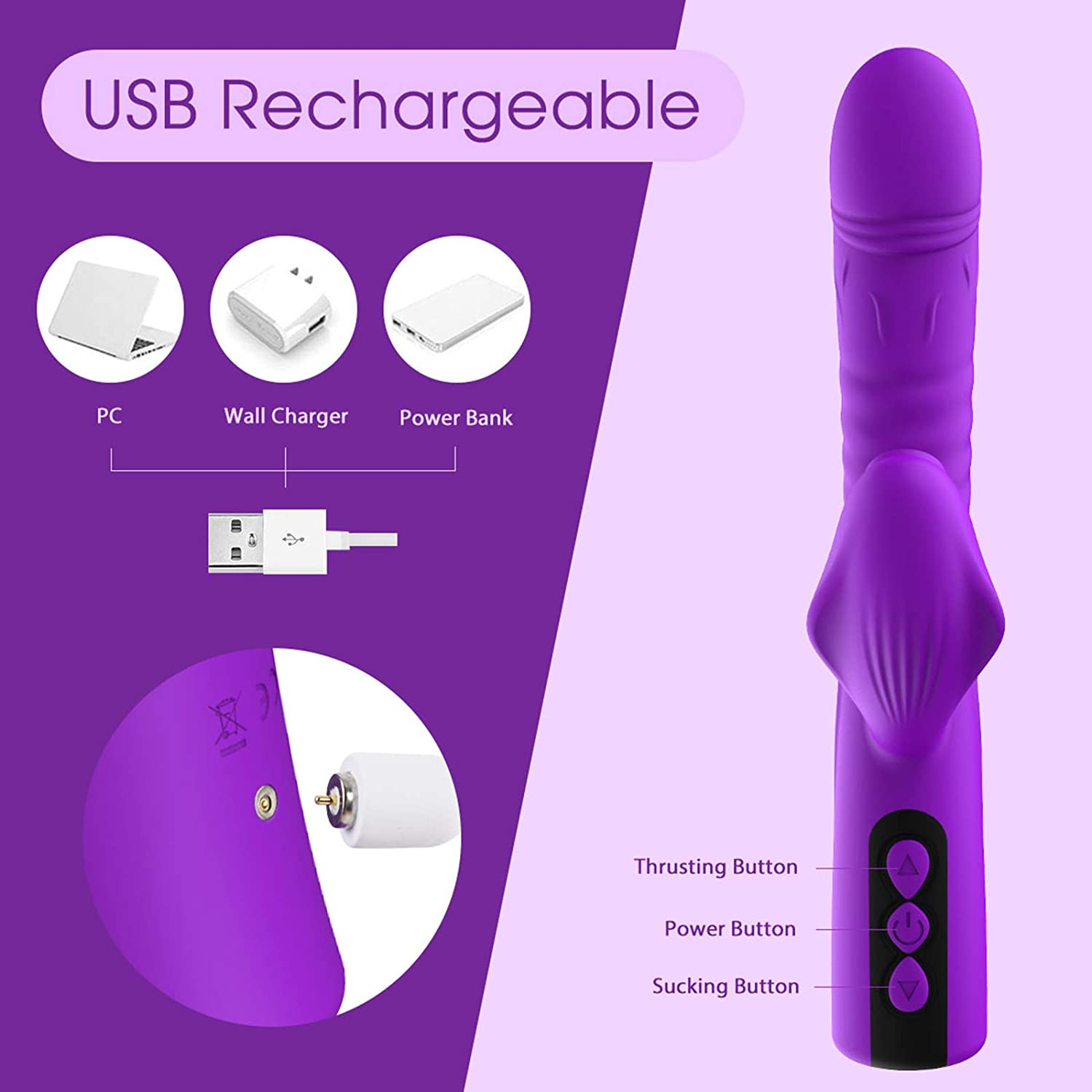 New Adult Automatic Telescopic Silicone Clitoris Orgasm G Spot Rabbit Vibrator Sex Toy for Women