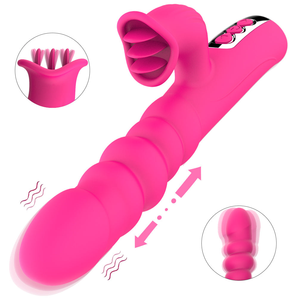 Female Telescopic Dildo Rabbit Vibrator Clit Stimulating G Spot Tongue Licking Vibrator Stretchable Vibrator